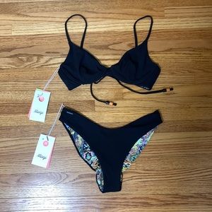 Maaji solid black reversible bikini, underwire top, high leg double v bottom